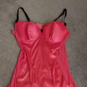 Hot Pink Satin & Stretchy Net w/ Black Garters Chemise